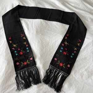 ECHO 100% Silk Black Embroidered Floral Scarf Long Knotted Fringe 75”
